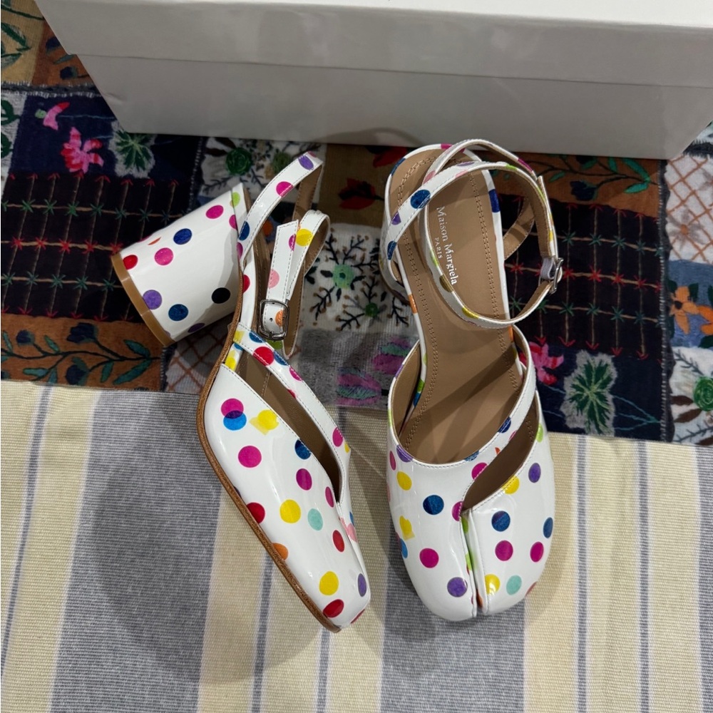 Maison Martin Margiela White Polka Dot Ankle Strap Block Heels